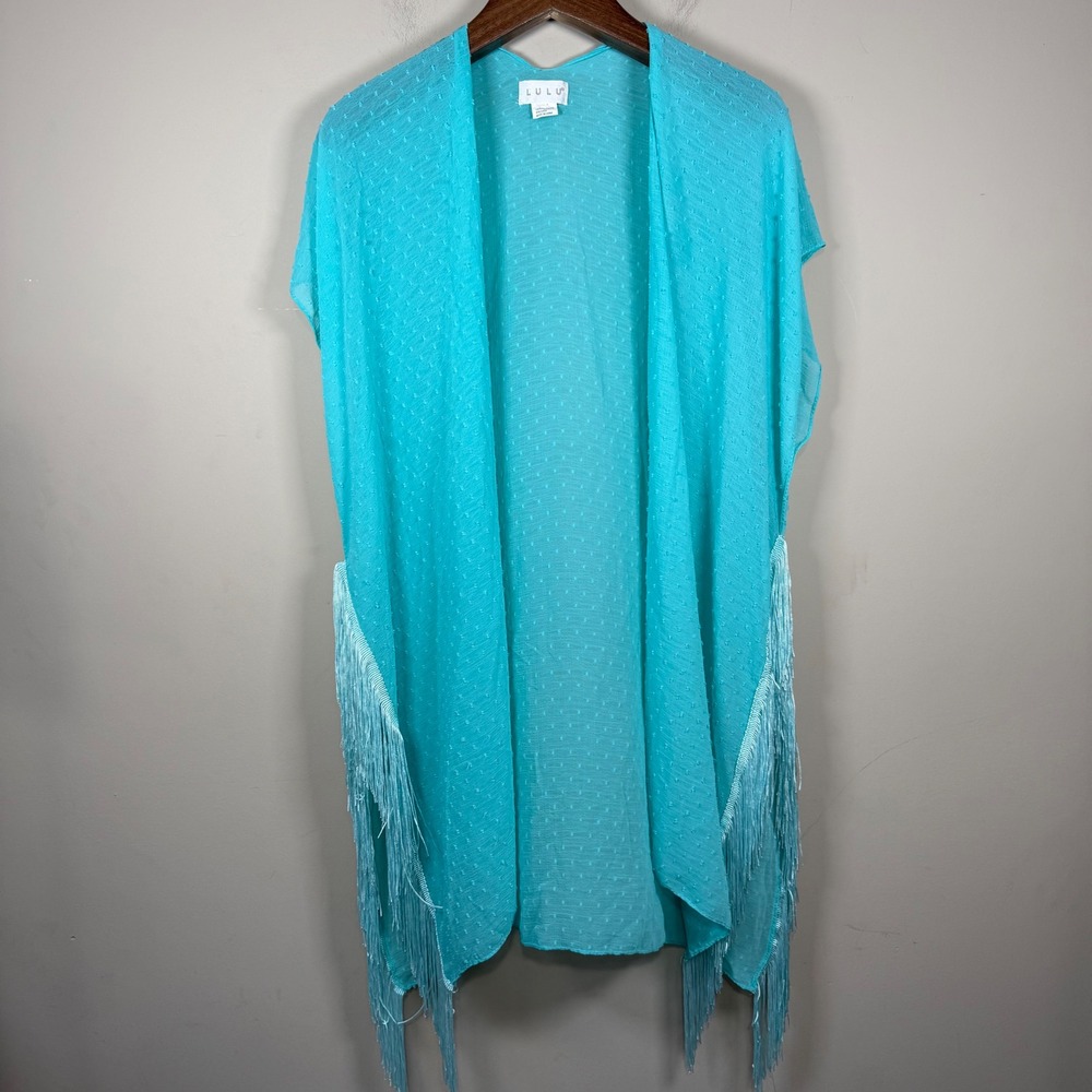 LuLu Turquoise Swiss Dot Fringe Kimono Cardigan Boho Beach Duster OSFM